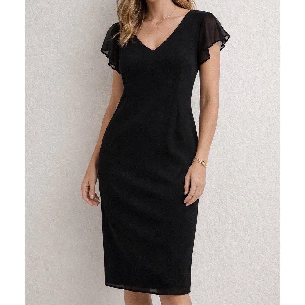 SL Fashions Sheath Dress Women Size 10 Black Flutter Sleeve V-Neck Cocktail LBD